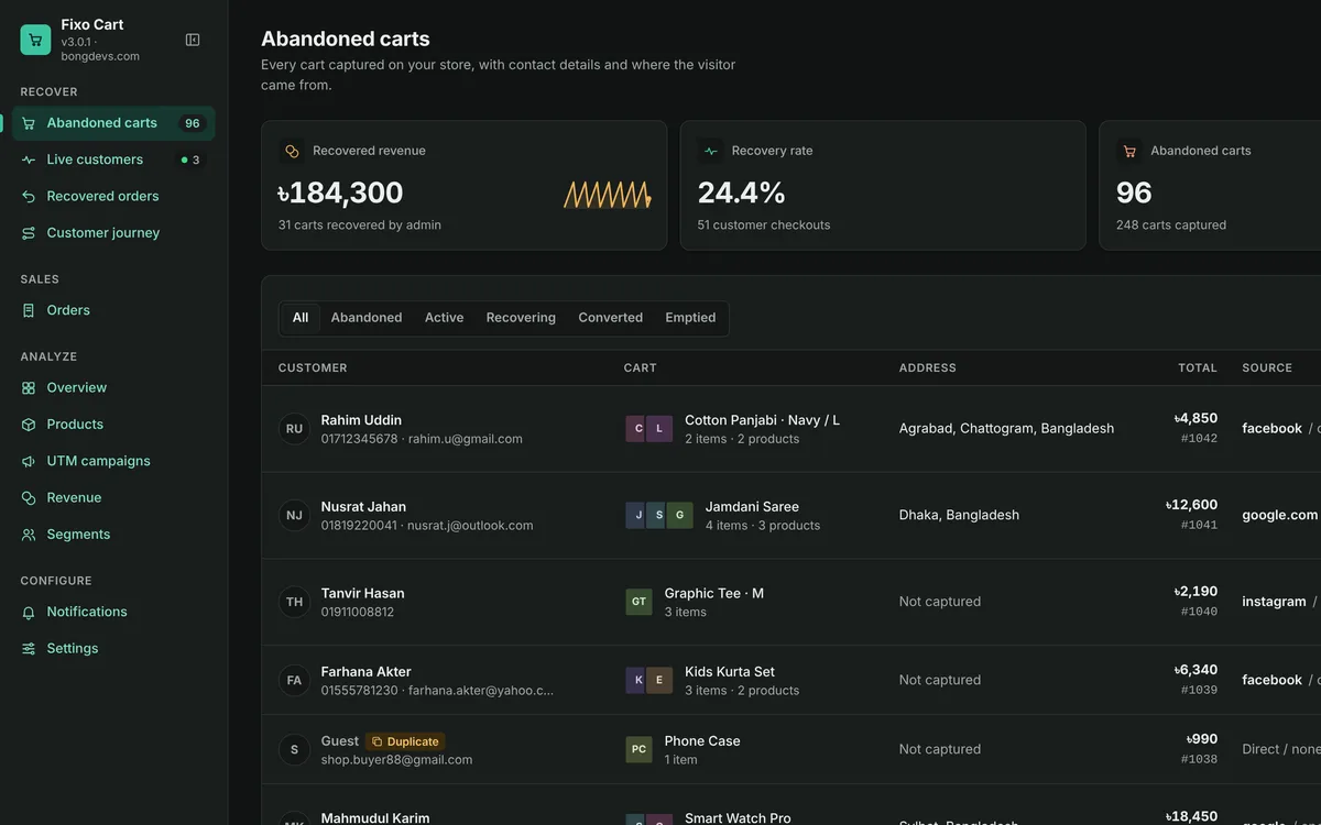 Fixo Cart abandoned carts screen in dark mode