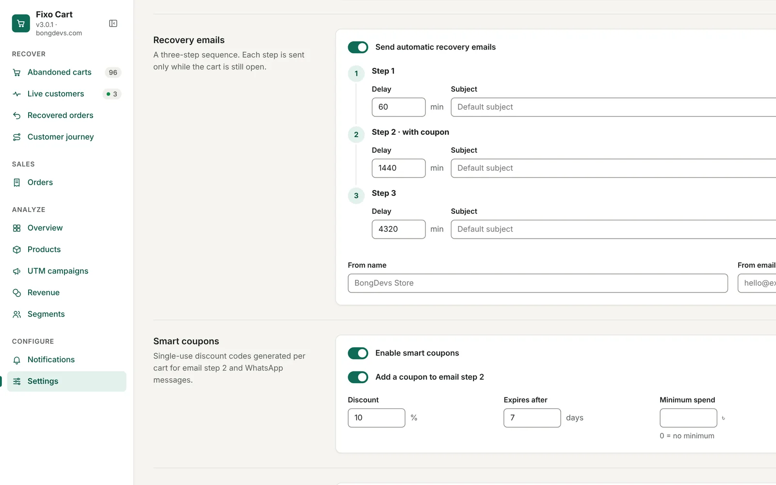 Fixo Cart three-step automatic recovery email settings
