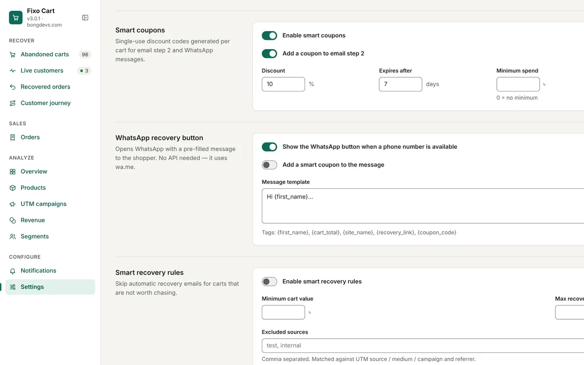 Fixo Cart smart coupon and WhatsApp recovery button settings