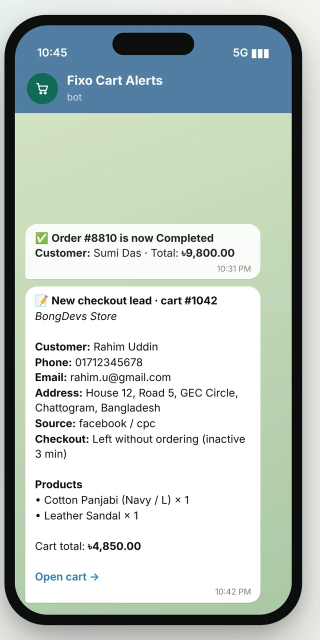 Telegram alert on a phone showing a new Fixo Cart checkout lead