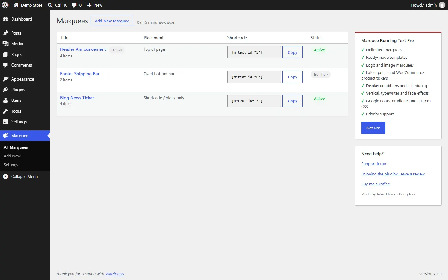 List of marquees with placement, shortcode and status